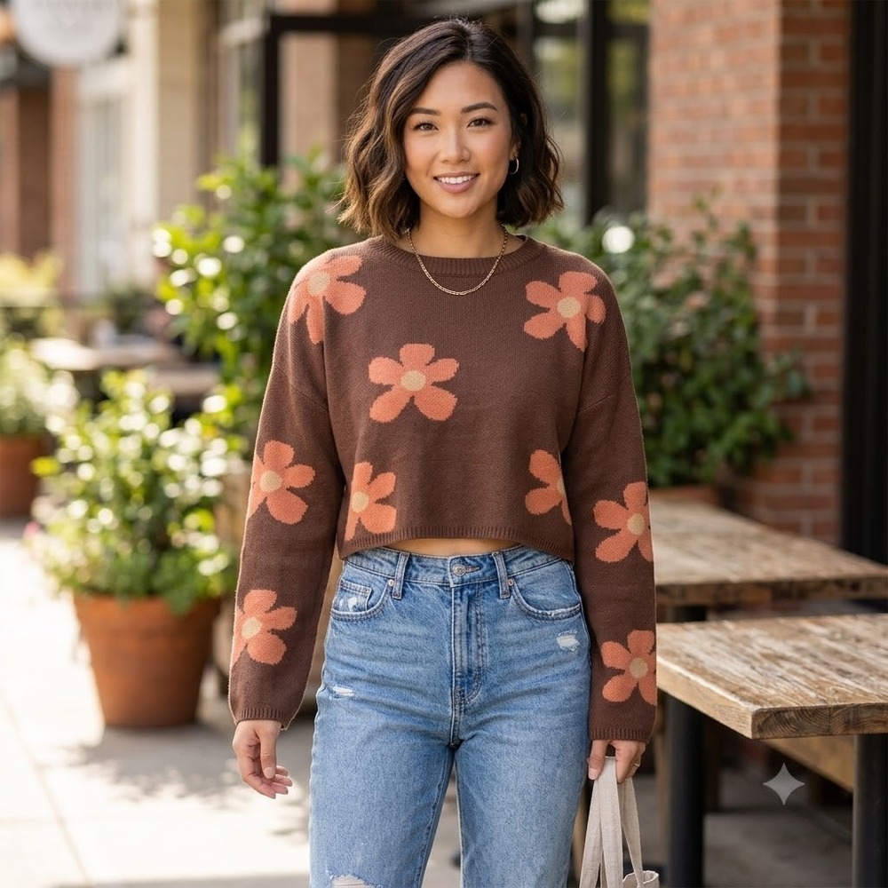 Blue Blush Brown Floral Cropped Cotton Sweater Orange Flowers Long Sleeve